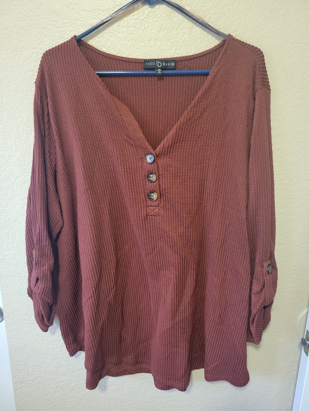 Fred David Women's Waffle Knit Henley Top in Rust